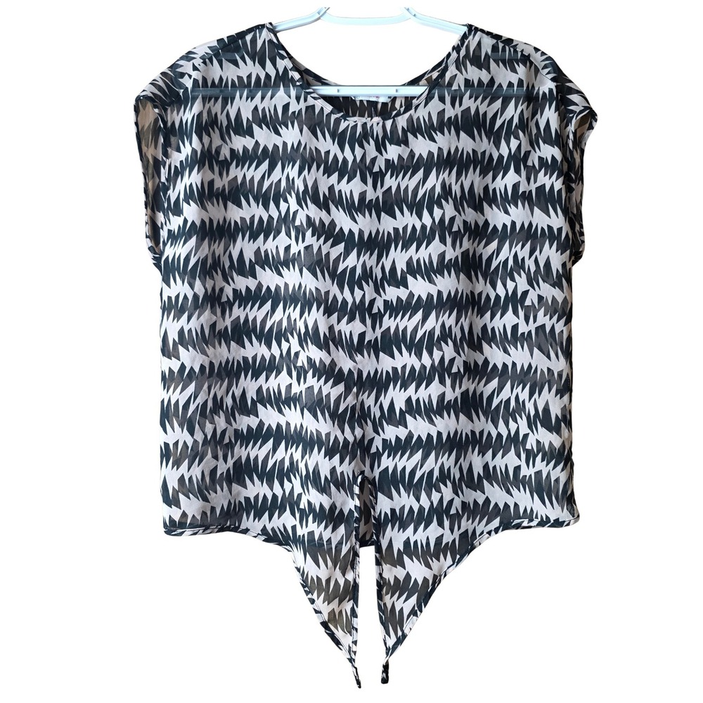Lefties Women's Medium Sheer Geometric Print Tie Front Blouse Short Sleeve Black